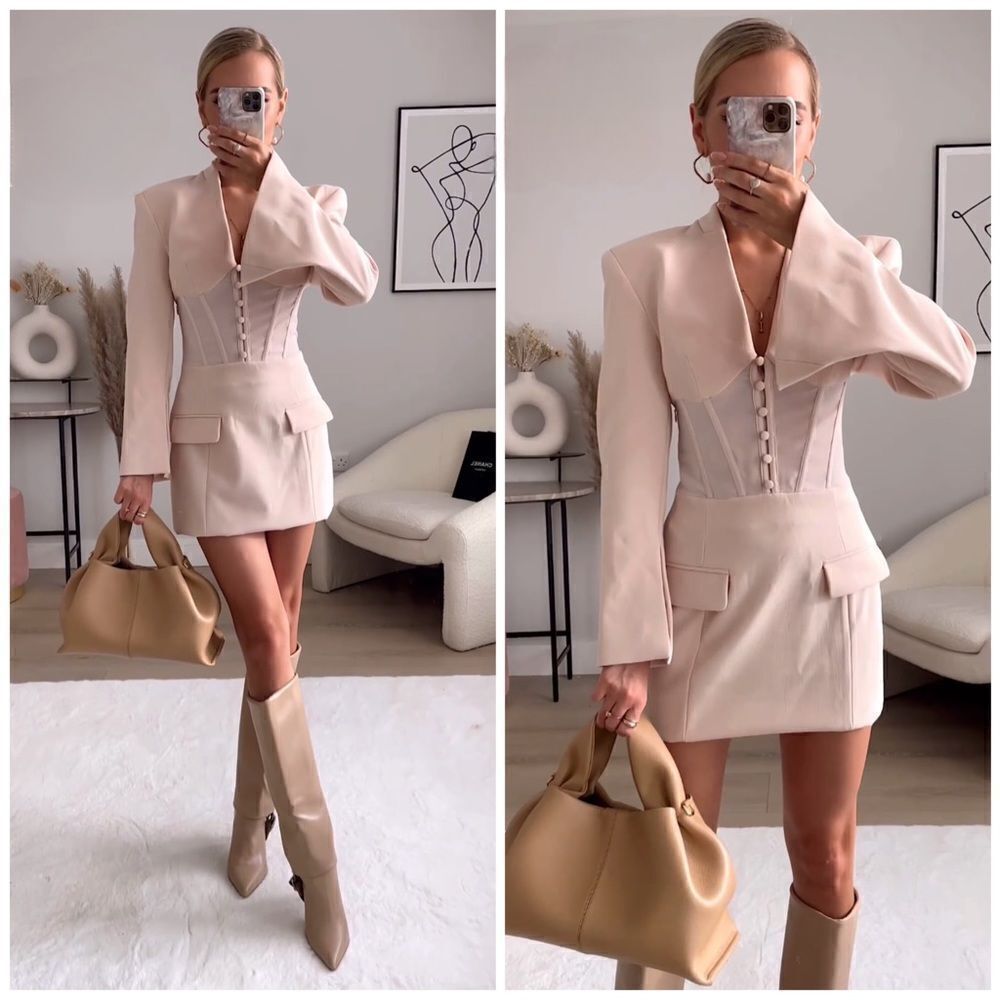 Zara Corset Mini Dress Beige Pink New